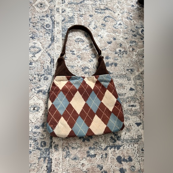 Handbags - Argyle Patterned Brown and Blue Women's Bag